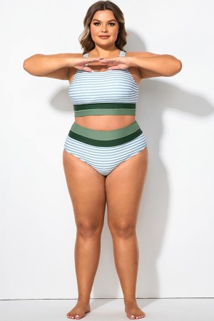 Bas de Bikini Patchwork Rayé Vert Grande Taille