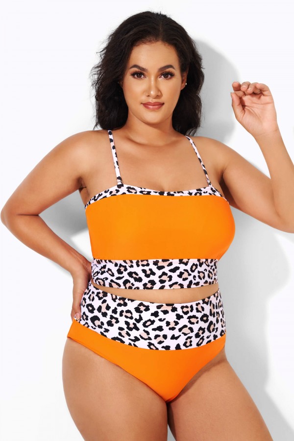 Haut de maillot de bain sexy imprimé léopard orange fluo