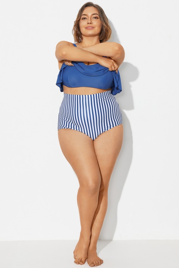 Bas de bikini taille haute à rayures verticales bleu marine et blanc