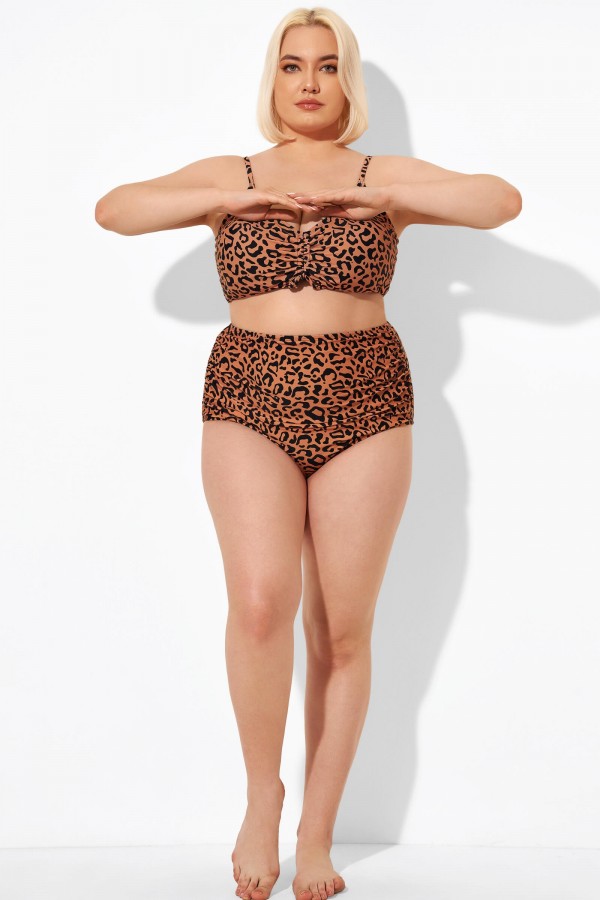 Bas de bikini taille haute à volants léopard