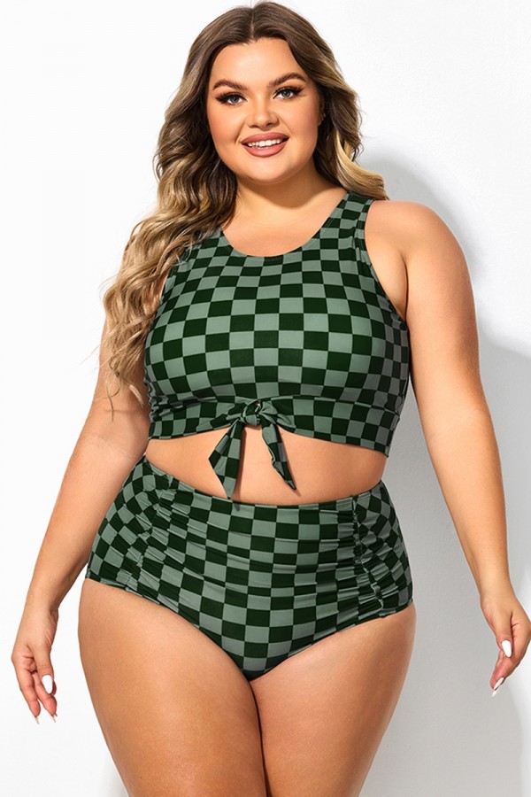 Haut de bikini court noué à carreaux vert grande taille